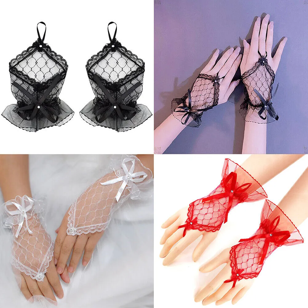 US 1~2Pairs Women Lace Fingerless Costume Gloves Bridal Wedding Party Wrist-long