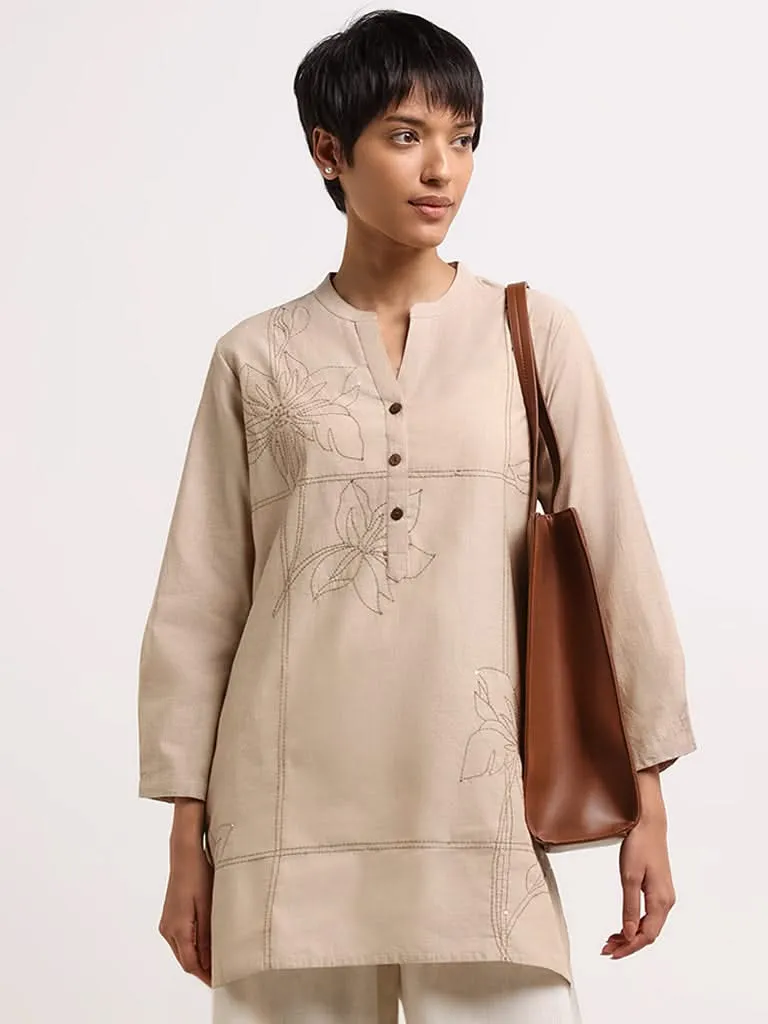 Utsa Beige Floral-Embroidered Cotton Kurti