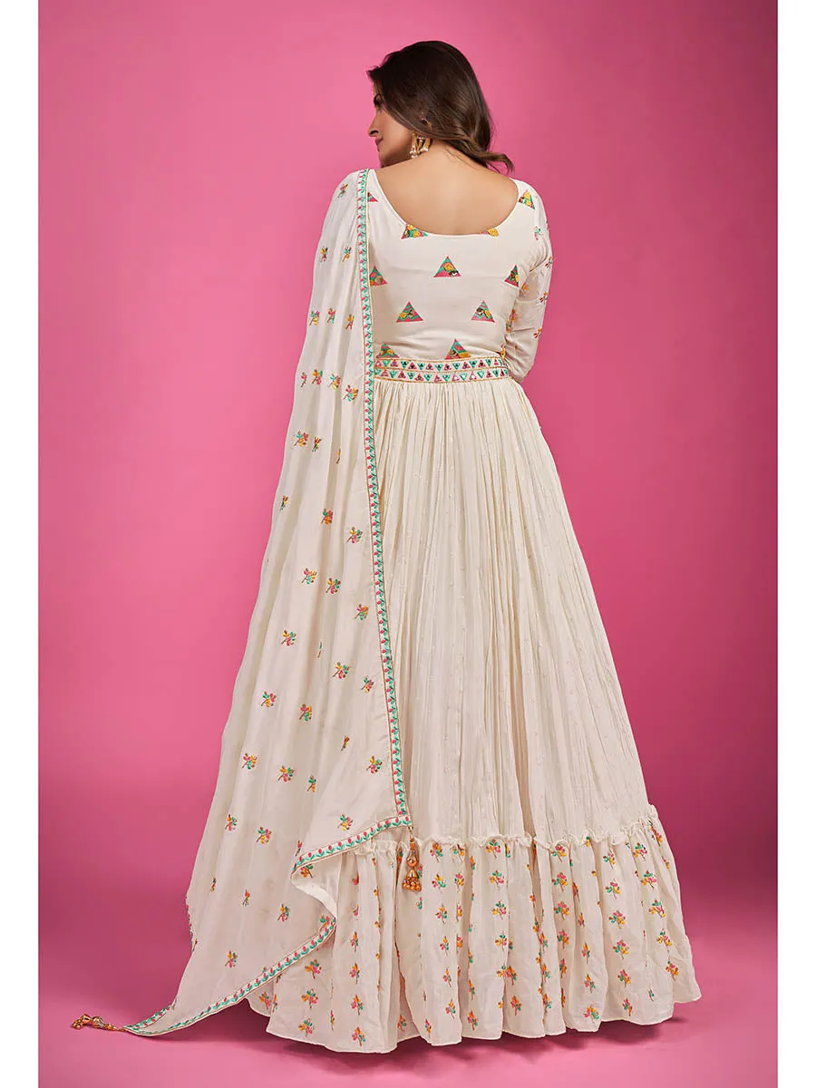 White Chinon Silk Embroidered Gown