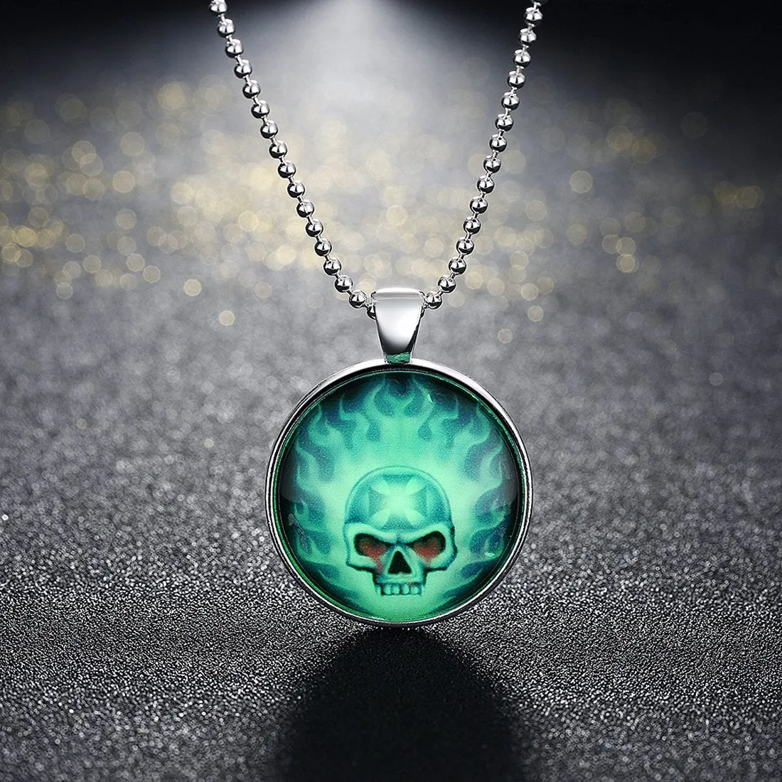 Yellow Chimes Skull On Fire Glow in Dark Silver Pendant for Men and Boys