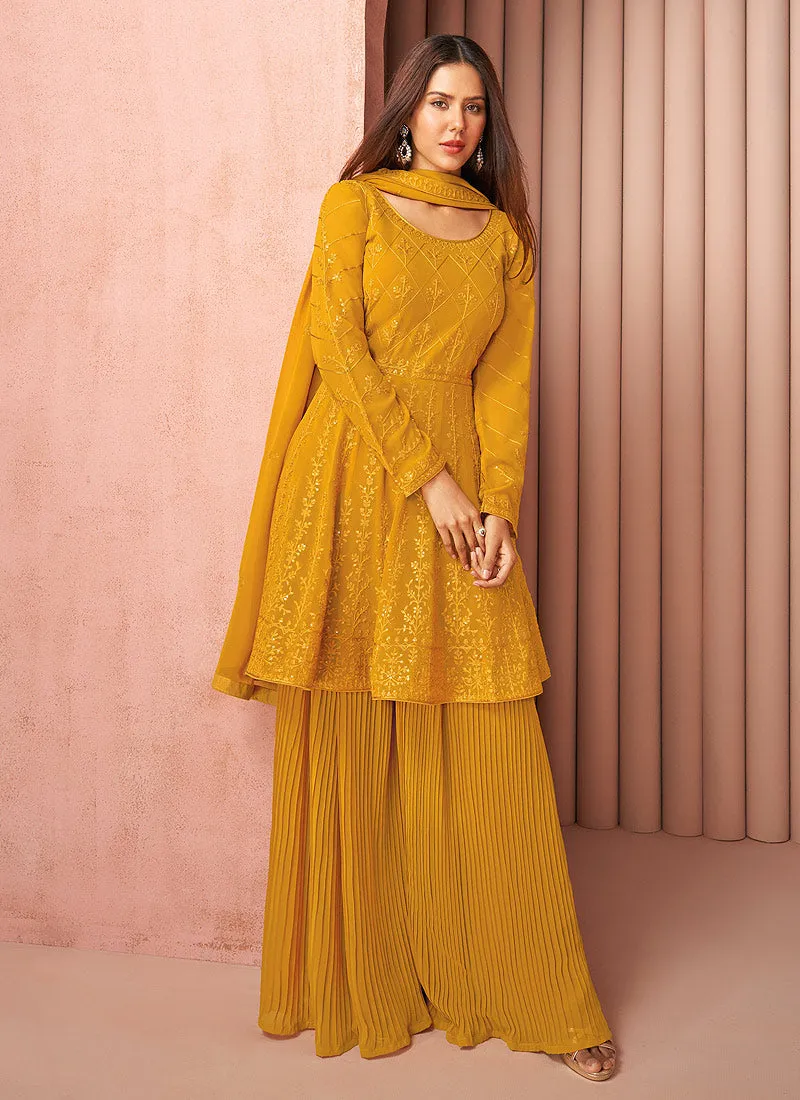 Yellow Sequence Embroidered Designer Sharara Suit