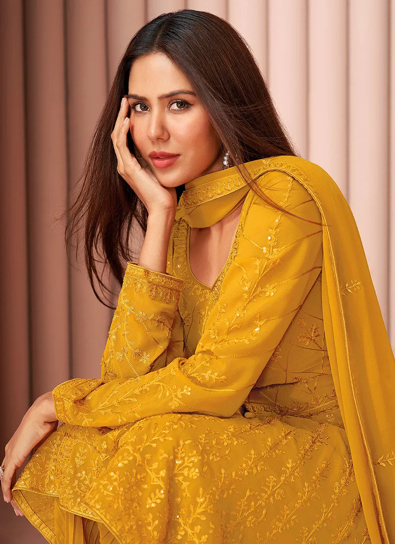 Yellow Sequence Embroidered Designer Sharara Suit