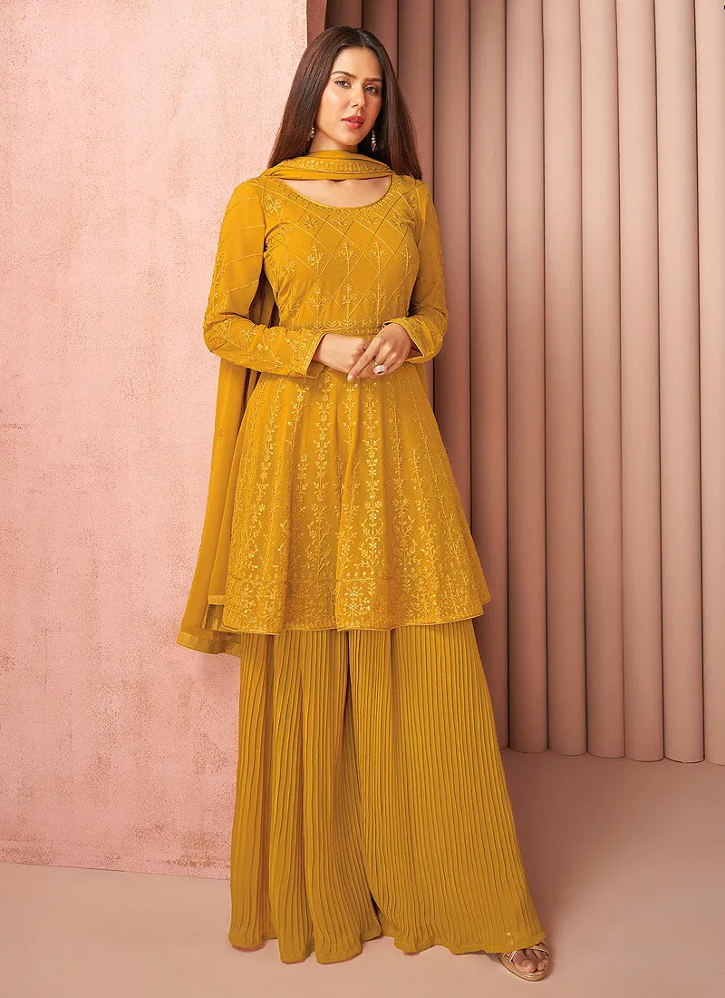 Yellow Sequence Embroidered Designer Sharara Suit